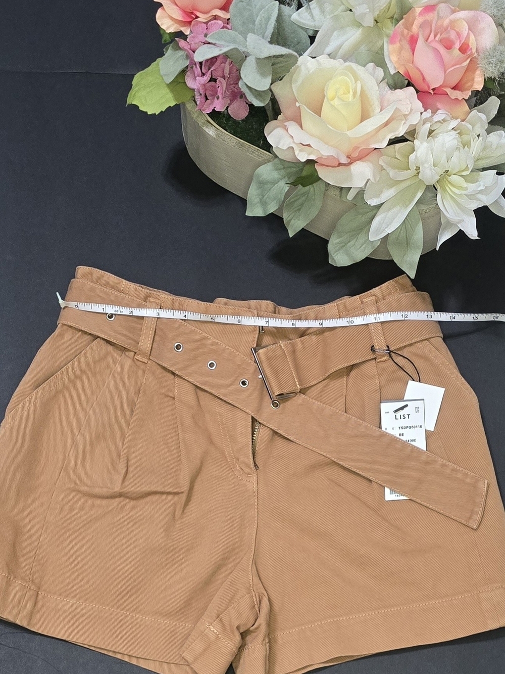Y2k High-Waist Belted Utility Shorts - Tan, Waistline 26